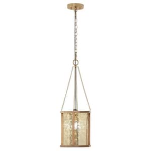 Ralynne 9 in. 1-Light Gold Shaded Pendant Light with Painted Gold Glass and Mango Wood Shade