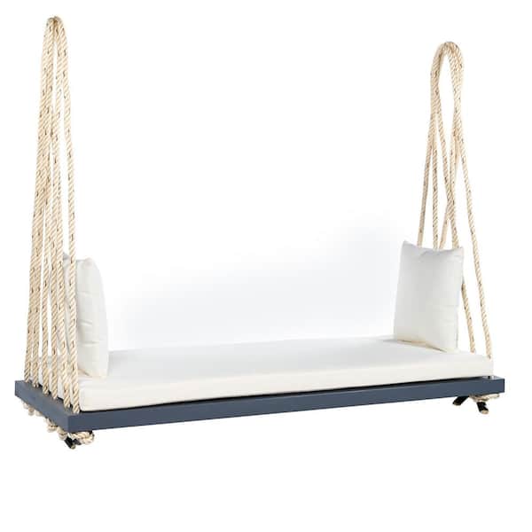 Miscool Avex 63 in. 2-Person Gray Wood Patio Swing Outdoor Hanging Porch Swing Bench with White Cushions