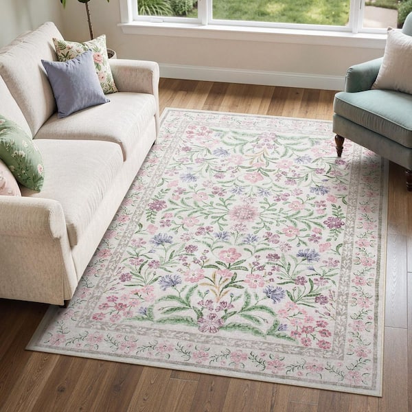 Oriental Floral Purple Soft Non-Slip 6 ft. x 9 ft. Living Room/Bedroom Indoor Area Rug