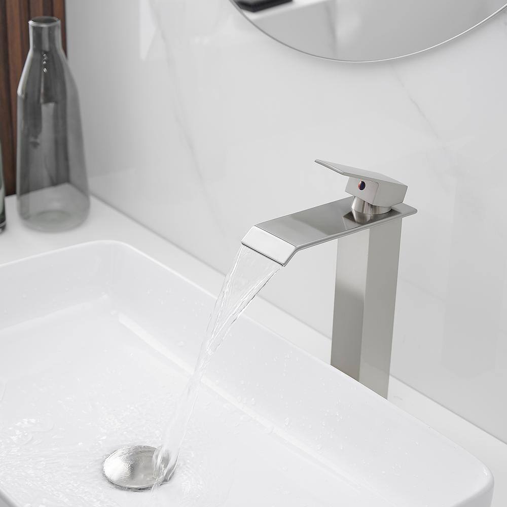 Brushed Nickel Waterfall Vessel Sink Faucet with Pop-Up Drain