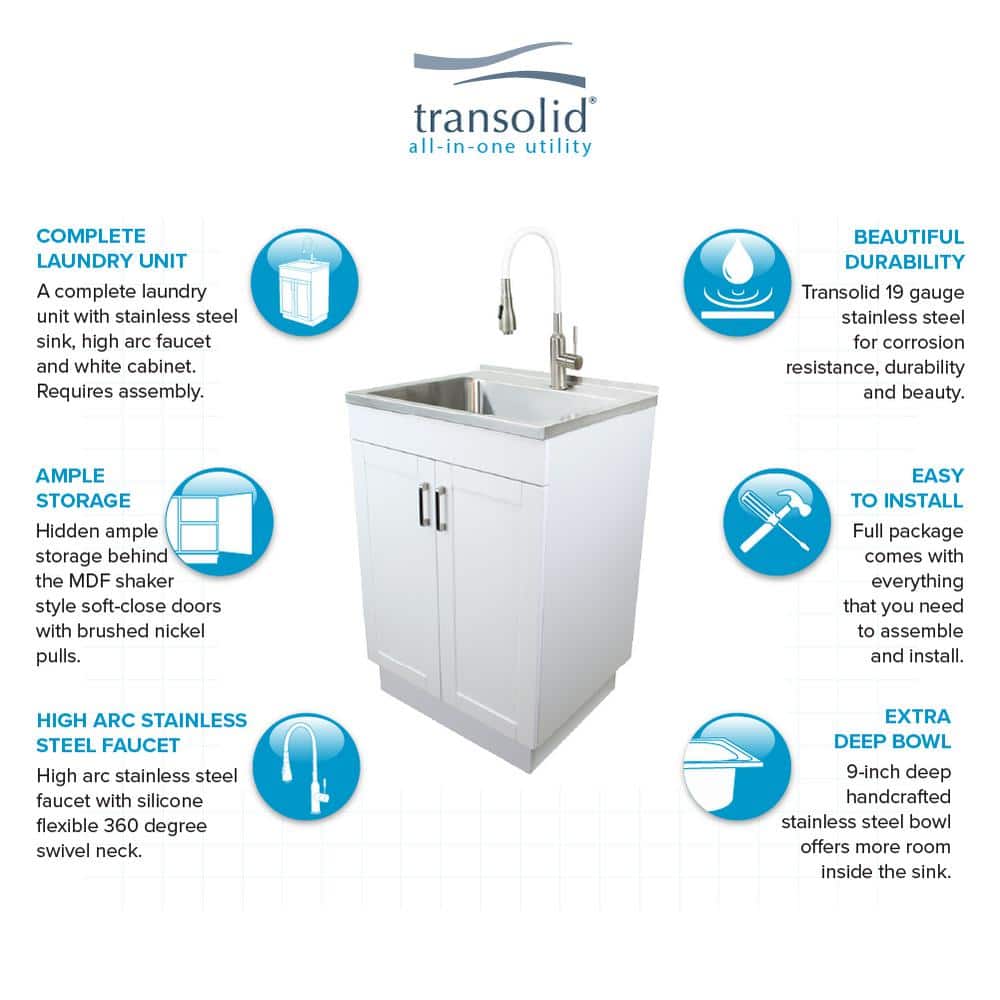 24-Inch White and Stainless Steel Freestanding Laundry Sink with Faucet