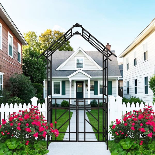 58.07 x 97.24 in. Garden Trellis, Metal Garden Arch with Gate, Climbing Plants Support Rose Arch, Black