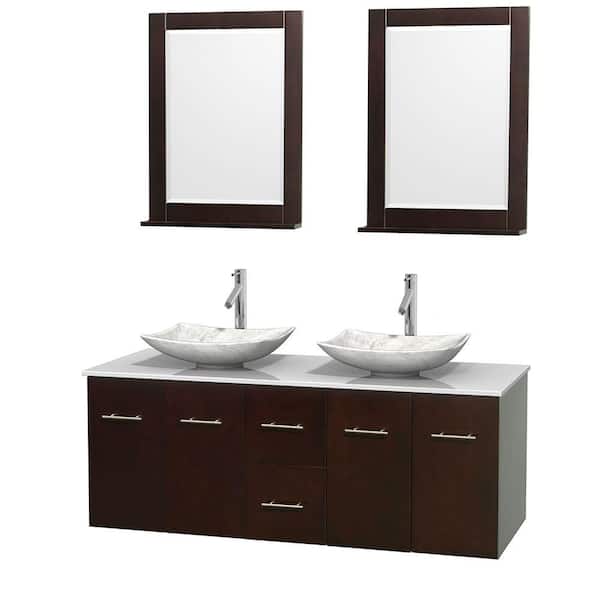 Wyndham Collection Centra 60 in. Double Vanity in Espresso with Solid-Surface Vanity Top in White, Carrara Marble Sinks and 24 in. Mirror