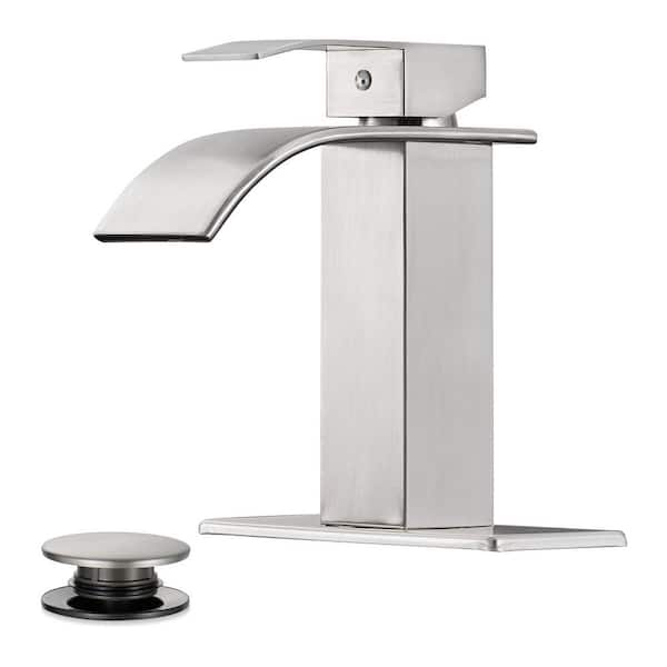 Waterfall Single Handle Single Hole Bathroom Faucet With Deckplate and Pop-Up Drain Assembly in Brushed Nickel