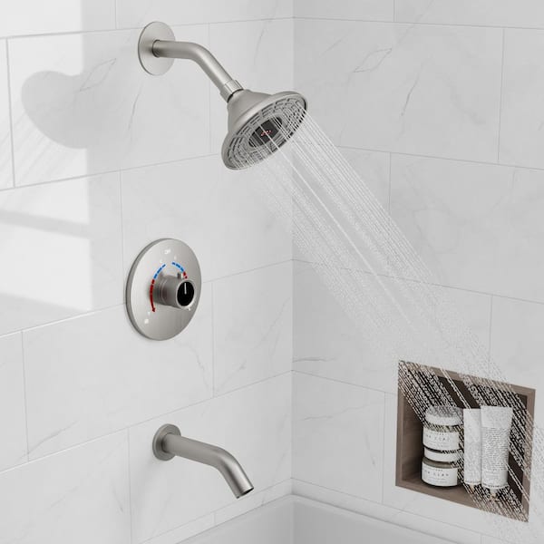 YAWWALK 1-Spray Patterns with 5 in. Wall Mount Rain Fixed Shower Head with Bathtub Faucet in Brushed Nickel