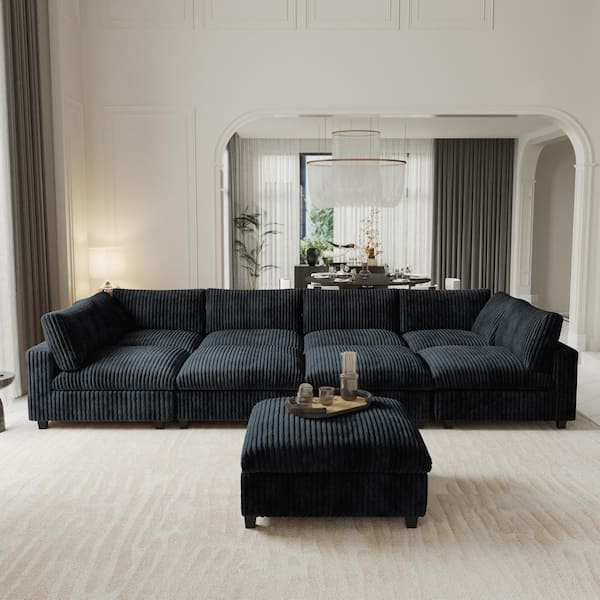 Modern 197 in. Square Arm Oversized Deep Seat Velvet 9-Piece L-Shaped Modular Sectional Sofa with Storage Ottoman, Black