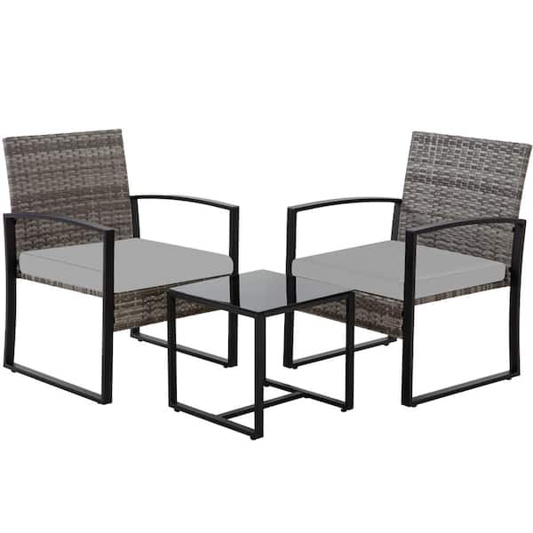 Zeus & Ruta Gray 3 Pieces Bistros Sets Outdoor Wicker PE Rattan Chairs Conversation Sets with Gray Cushions and Coffee Table