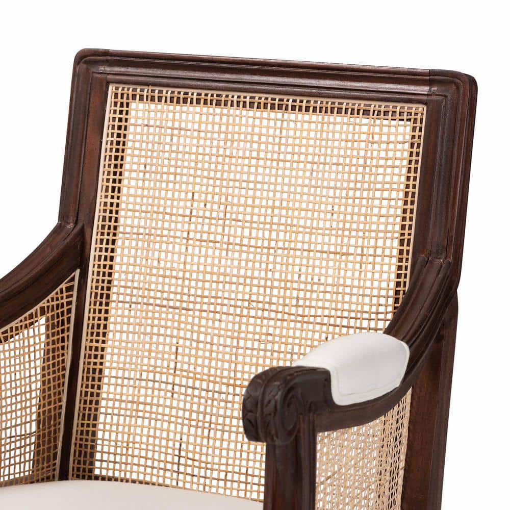 French Provincial Dark Brown Wood and Beige Fabric Accent Chair