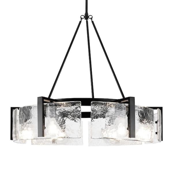Modern 6-Light Matte Black Chandelier with Hammered Water Glass Drum Shade for Living Room, E26 Bulb Compatible