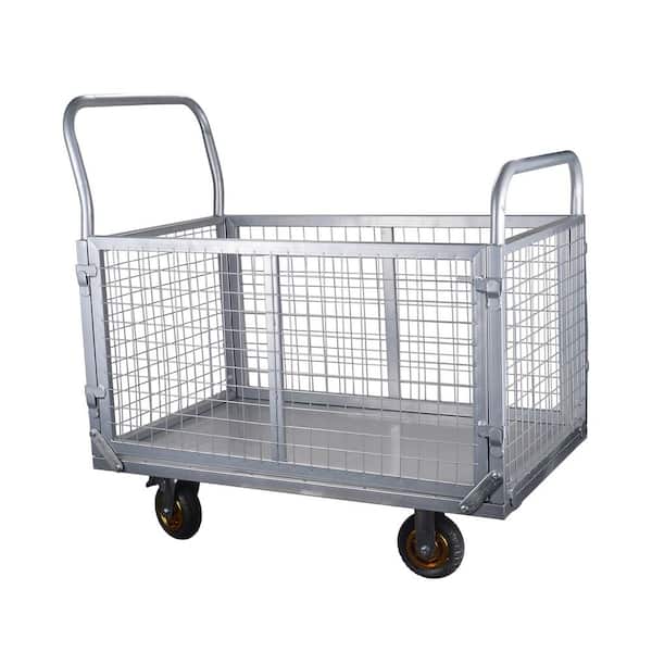 6-in-1 Foldable Heavy Duty Platform Truck Serving Cart with Cage and Removable Side