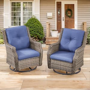 TidyFoot Metal and Gray Wicker Outdoor Rocking Chair Swivel Chairs with Olefin Blue Navy Blue Cushions (2-Pack)