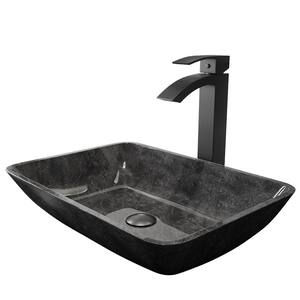Glass Rectangular Vessel Bathroom Sink in Onyx Gray with Duris Faucet and Pop-Up Drain in Matte Black