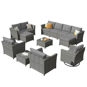 Denali Gray 13-Piece Wicker Patio Conversation Sectional Sofa Set with Black Cushions and Swivel Rocking Chair