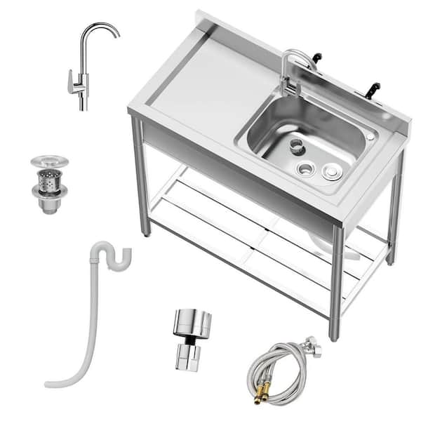 Utility Sink 39.3 in. D x 19.7 in. W Freestanding Laundry/Utility Sink Silver with Workbench and Hot & Cold Water Pipes