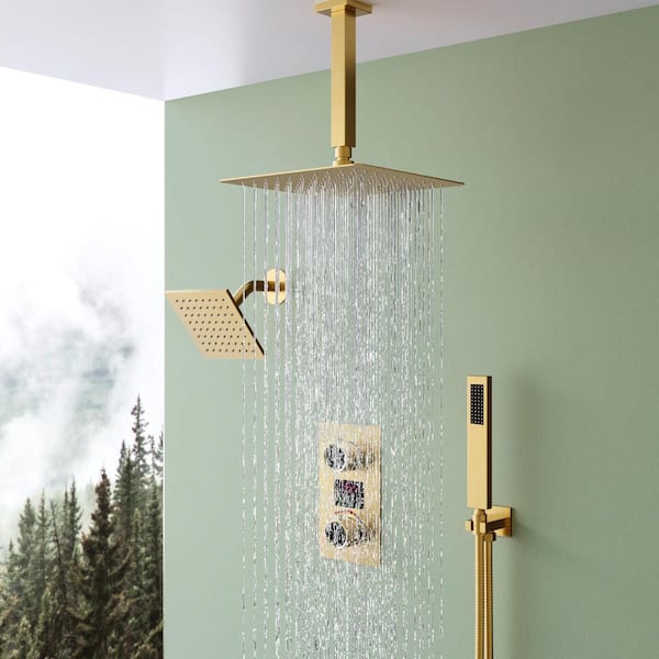 3-spray Dual Shower Head and Handheld Shower Head with Temperature Display in Brushed Gold(Valve Included)