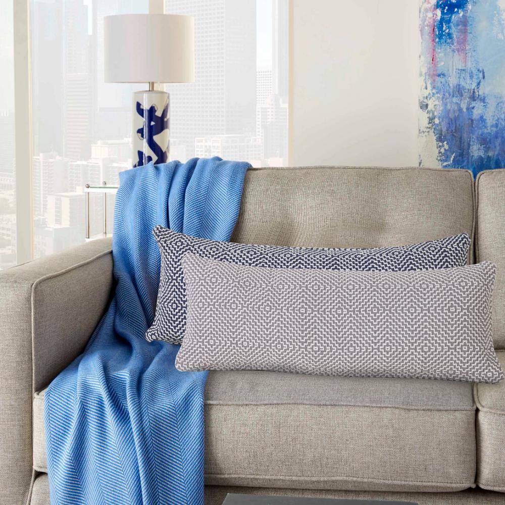 Delight Blue and White Diamond Woven Geometric Cotton Lumbar Pillow