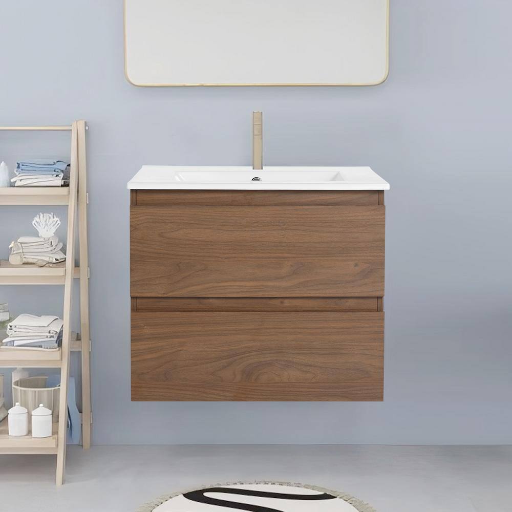 Modern 24 in. W x 18.3 in. D x 20.5 in. H Floating Bath Vanity Cabinet in Brown Oak with White Ceramic Top price history on PriceWatchPro
