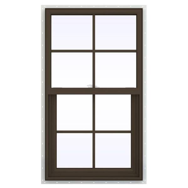 JELD-WEN 23.5 in. x 41.5 in. V-2500 Series Brown Painted Vinyl Single Hung Window with Colonial Grids/Grilles