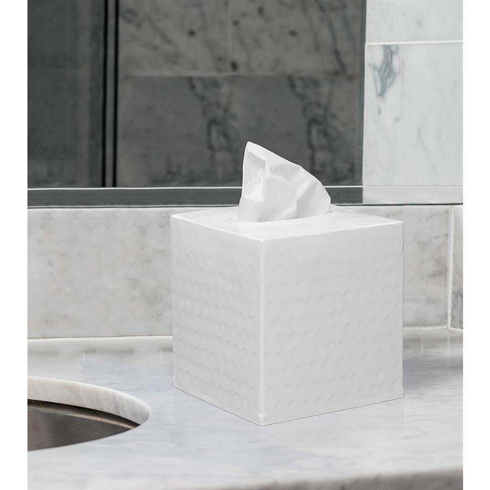 White Hand Hammered Metal Square Tissue Box Cover