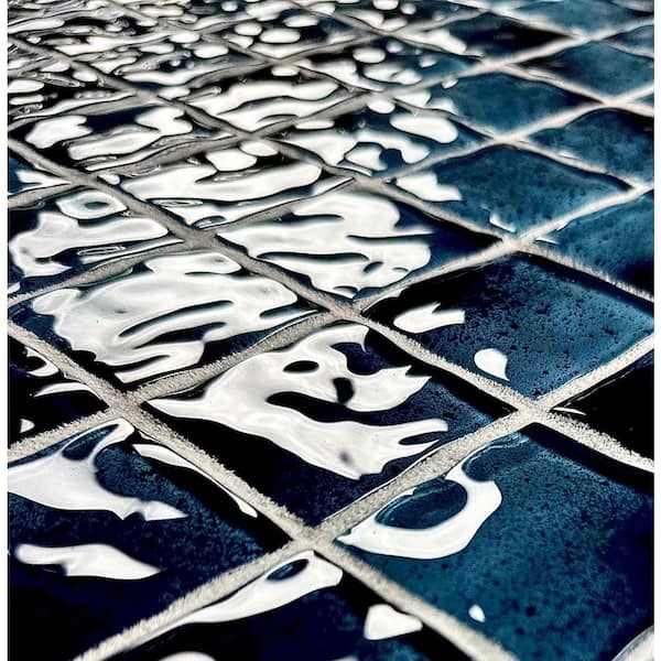 Coastal Design Style Caribbean Blue Square Mosaic 3 in. x 3 in. Glass Decorative Pool Tile Sample