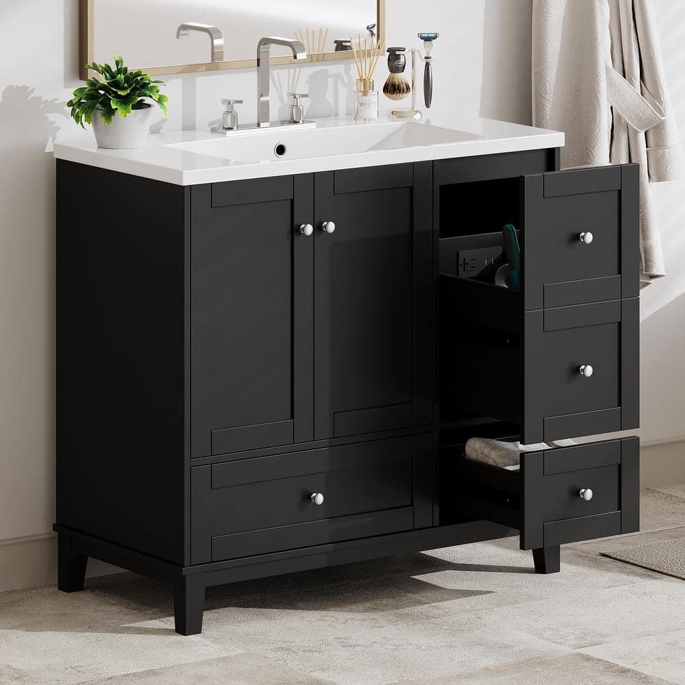 36 in. 1 Sink Bath Vanity Black Bath Vanity with White Resin Top Modern Bathroom Vanity with USB Charging price history on PriceWatchPro