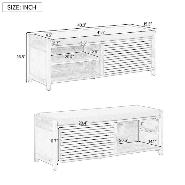 16.5 in. H x 43.3 in. W Navy Blue MDF Shoe Storage Bench with Light Gray Cushion and Shutter Door