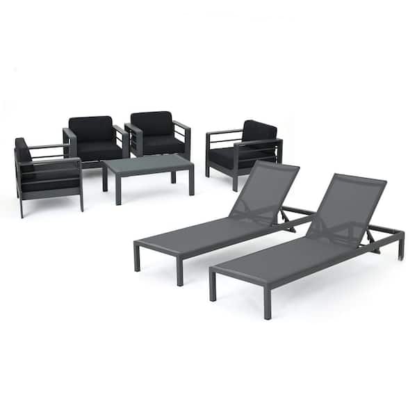 Noble House Cape Coral Grey 7-Piece Aluminum Patio Conversation Set with Dark Grey Cushions