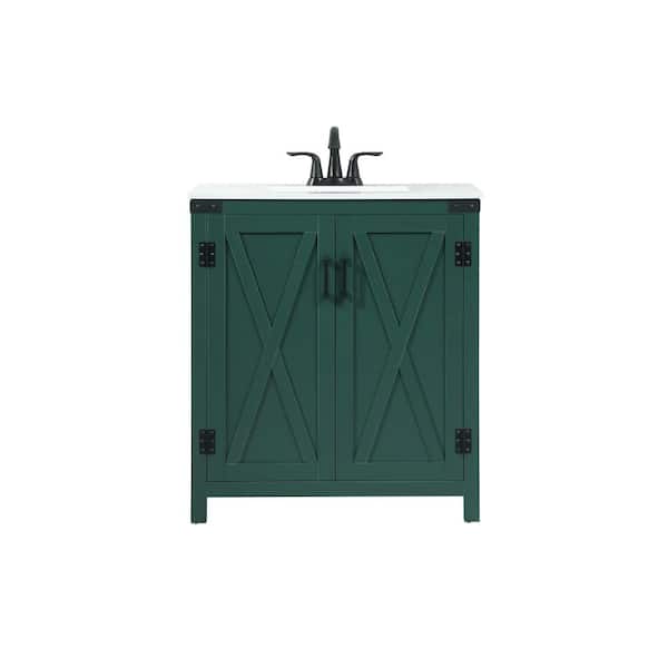 Unbranded Simply Living 30 in. W x 19 in. D x 34 in. H Bath Vanity in Green with Ivory White Engineered Marble Top