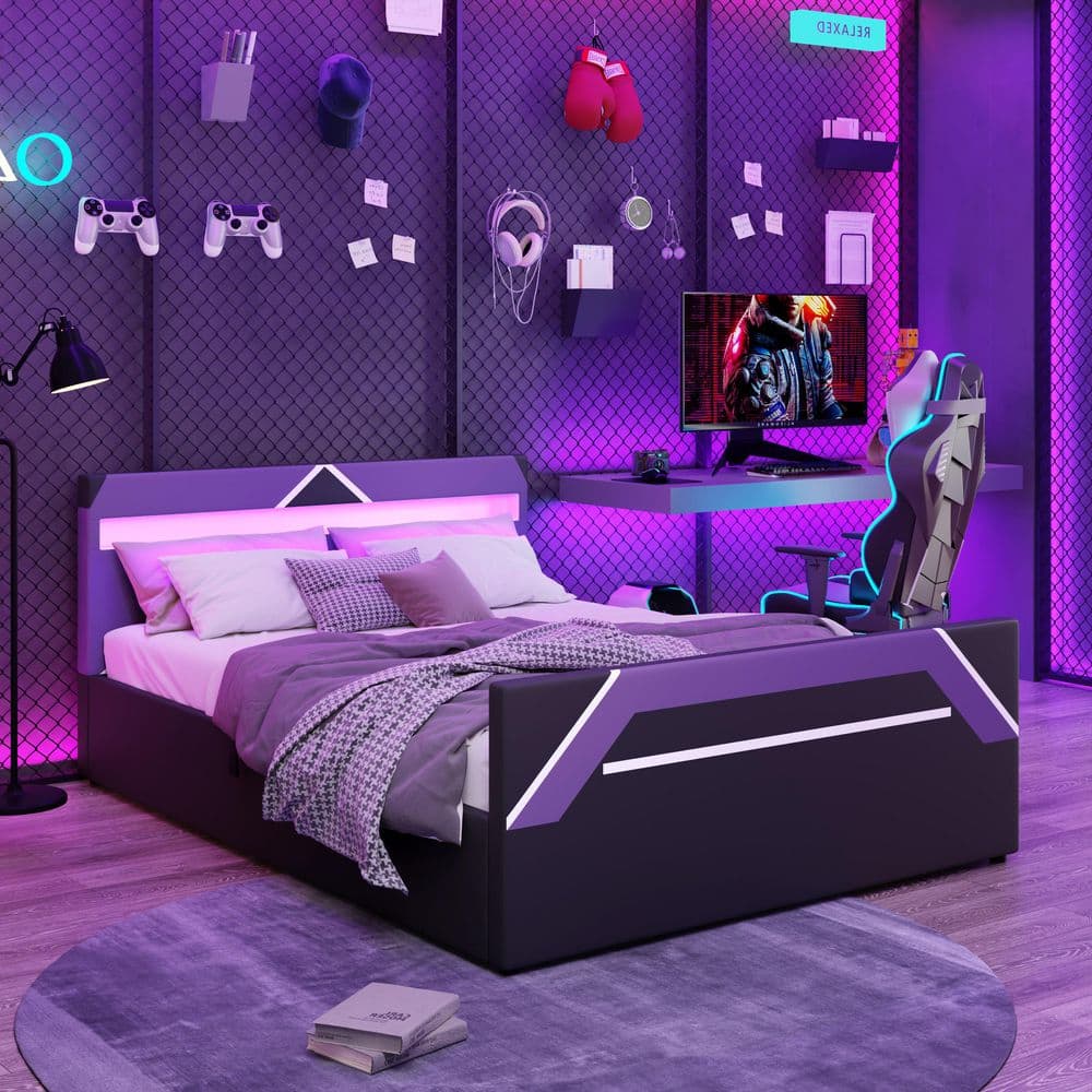 Purple/Black Wood Frame Queen Platform Bed with Built-in 7-Color LED Lighting Headboard,Side-Lift Hydraulic Storage