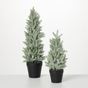 16 in. H and 12 in. Green Artificial Snowy Pine Tree In Pots (Set of 2)