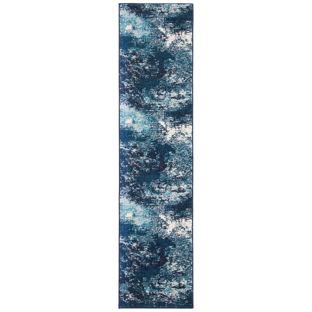 Navy and Ivory Flat Woven Synthetic Runner Rug
