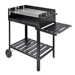 Portable Charcoal/Wood Grill in Black Finish BBQ Stand Charcoal Barbecue with 2 Wheels