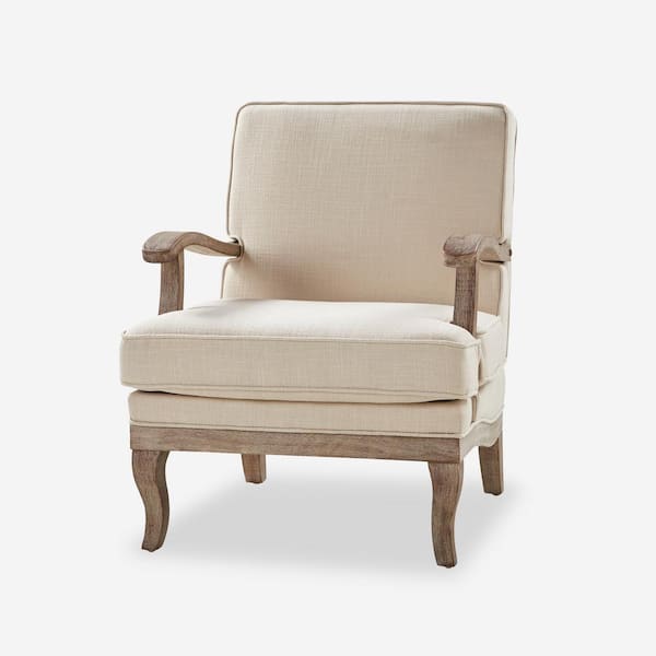 JAYDEN CREATION Quentin Linen Farmhouse Wooden Upholstered Arm Chair with Wooden Legs and Foot Pads Protecting the Floor