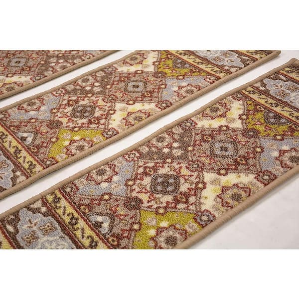 Indoor Bakhtiari Design Taupe 8-1/2 in. x 26 in. Slip Resistant Backing Stair Tread Cover (Set of 15)