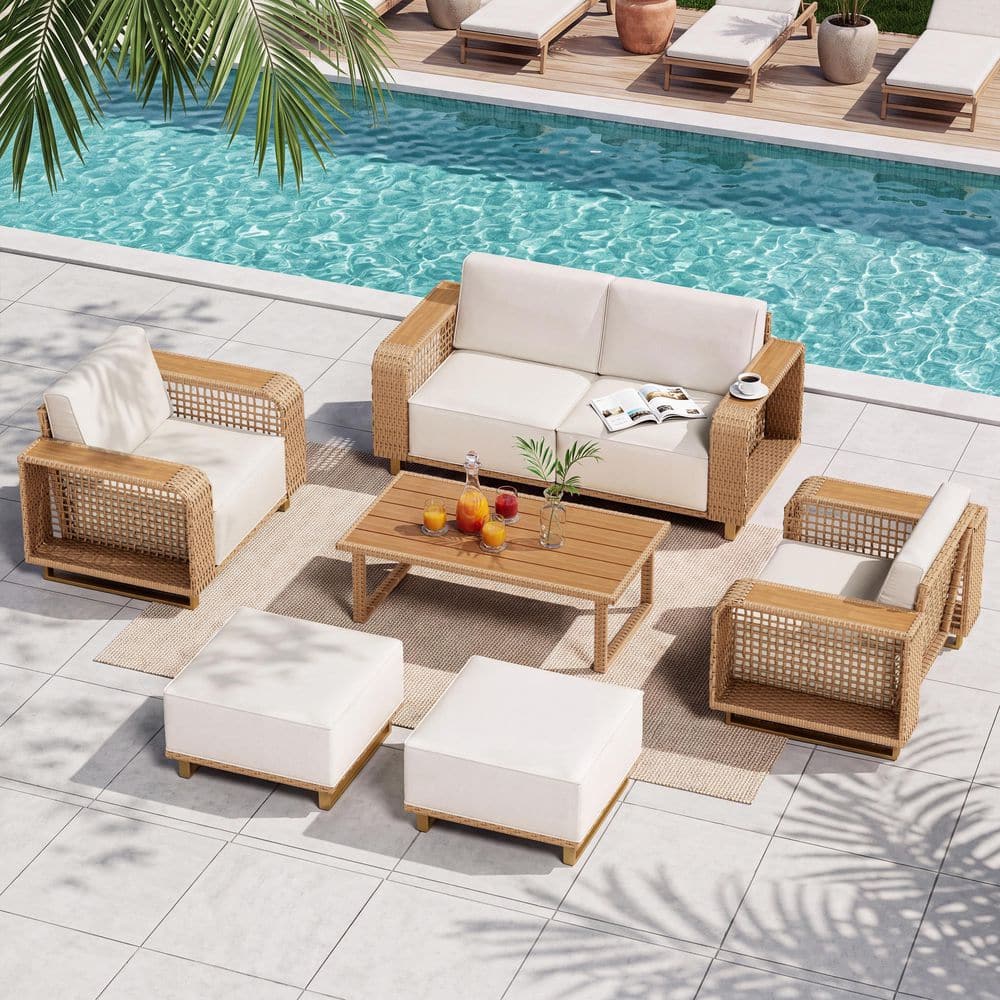 6-Piece 4-Person Modern Yellow Wicker Outdoor Conversation Set, All-Weather, Extra-Wide Arms, 10" Beige Olefin Cushions
