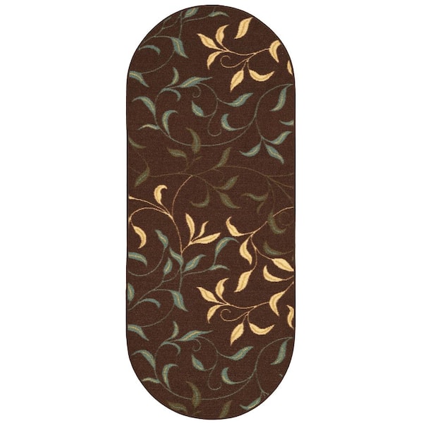 Ottomanson Ottohome Collection Non-Slip Rubberback Leaves Design 2x5 Indoor Oval Runner Rug, 1 ft. 8 in. x 4 ft. 11 in., Dark Brown
