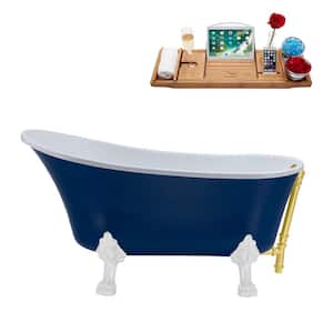 55 in. Acrylic Clawfoot Non-Whirlpool Bathtub in Matte Dark Blue With Glossy White Clawfeet And Brushed Gold Drain