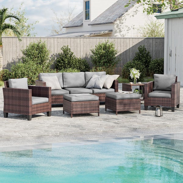 6-Piece Patio Sofa Set Brown Wicker Outdoor Furniture Set with Coffee Table, Gray