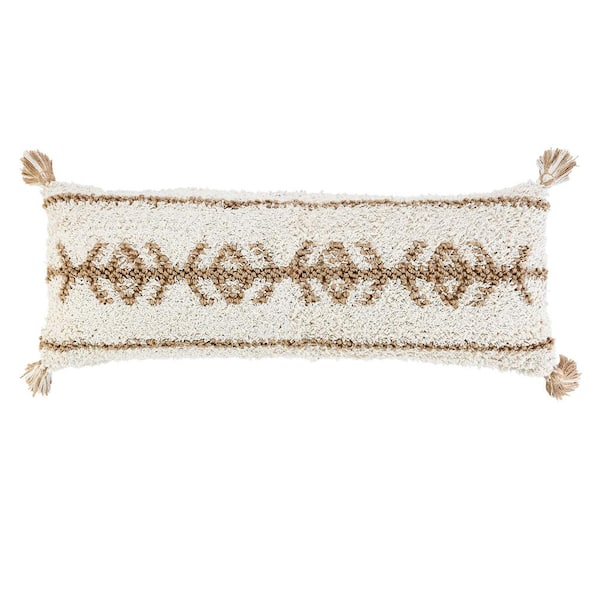 Unbranded Reed White/Beige Bohemian Chic Geometric Plush Jute/Cotton Polyfill Lumbar 14 in. x 36 in. Throw Pillow