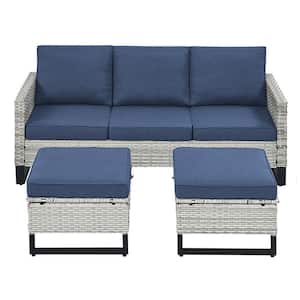 White 3-Piece U-shaped Foot Design Wicker Patio Sectional Set with Navy Cushions