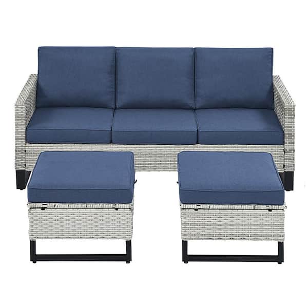 Pocassy White 3-Piece U-shaped Foot Design Wicker Patio Sectional Set with Navy Cushions
