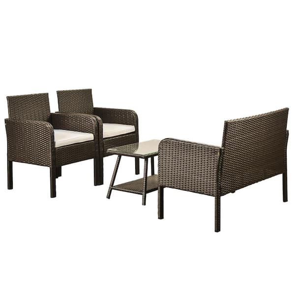 Tunearary Transitional 4-Piece Brown Wicker Patio Conversation Set with Beige Cushions