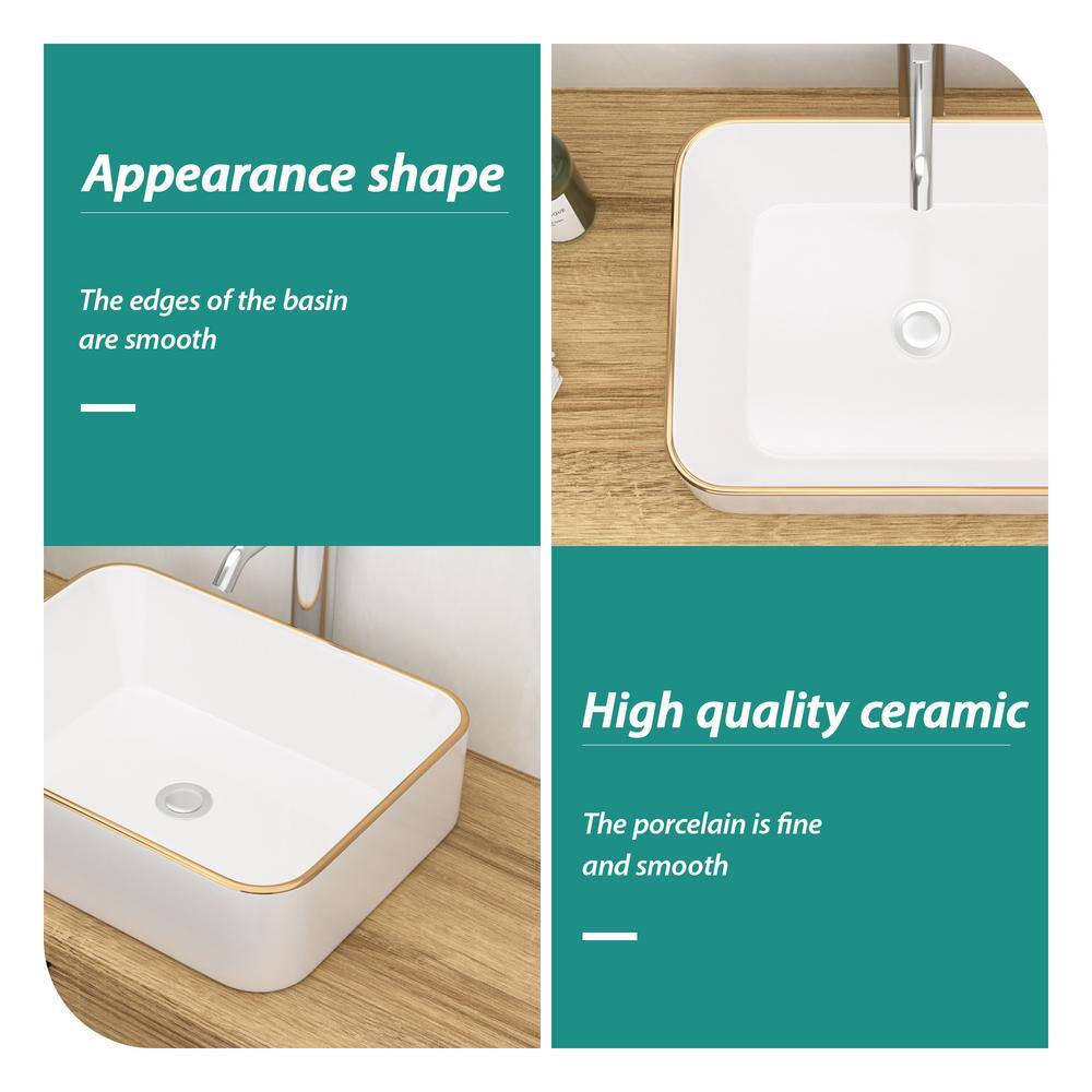 19x15 Inch White Ceramic Rectangular Vessel Bathroom Sink with Gold Trim