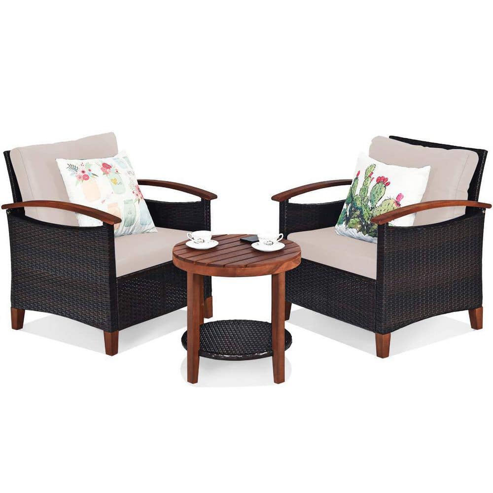 Beige Acacia Wood and Rattan Outdoor Bistro Set