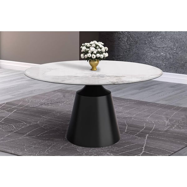 Leisuremod Prynn Mid-Century Modern 60 in. Round Dining Table with Sintered Stone Top and Black Pedestal Base (White Grey)