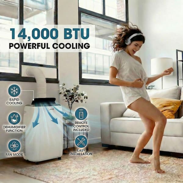 14,000 BTU (10,000 BTU DOE) Portable Air Conditioner Cools 700 Sq. Ft. with Dehumidifier and LCD Remote in White