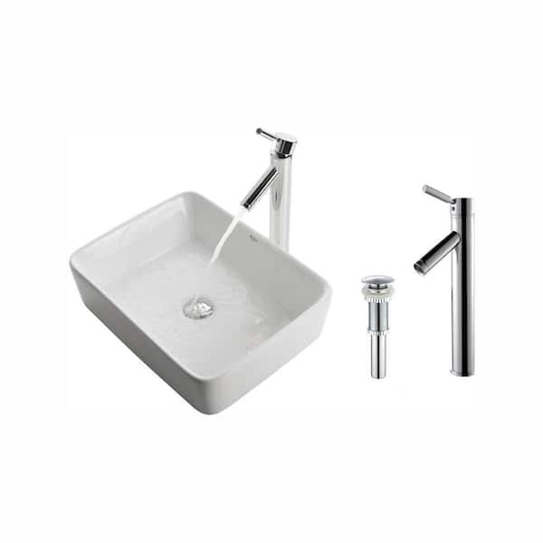 KRAUS Square Ceramic Vessel Sink in White with Sheven Faucet in Chrome