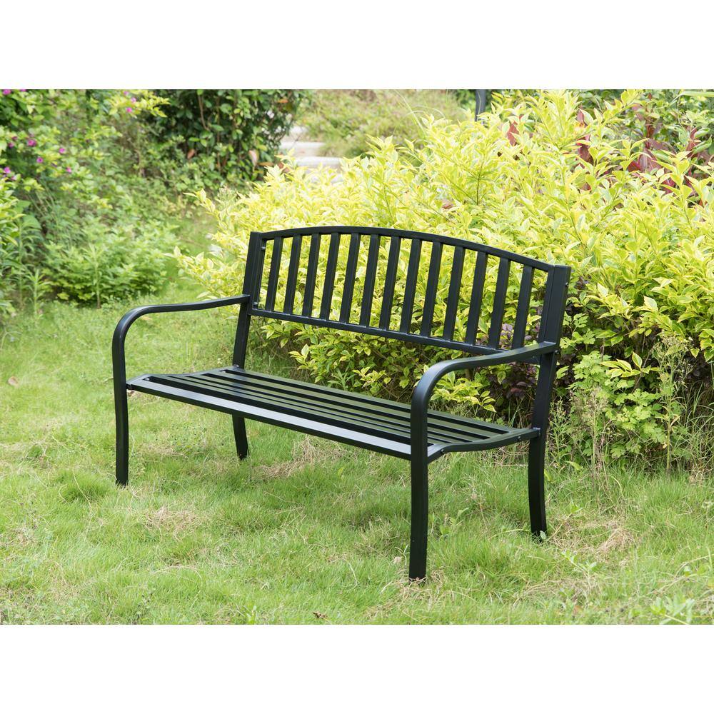 Black Steel Garden Bench with Cast Iron Frame, 52"