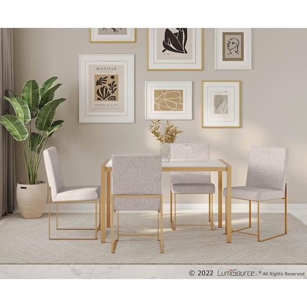 Lumisource Fuji Beige Fabric Gold High Back Side Dining Chair Set