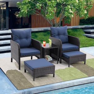 5 piece PE rattan outdoor patio furniture conversation set with coffee table and footstool, peacock blue seat cushions